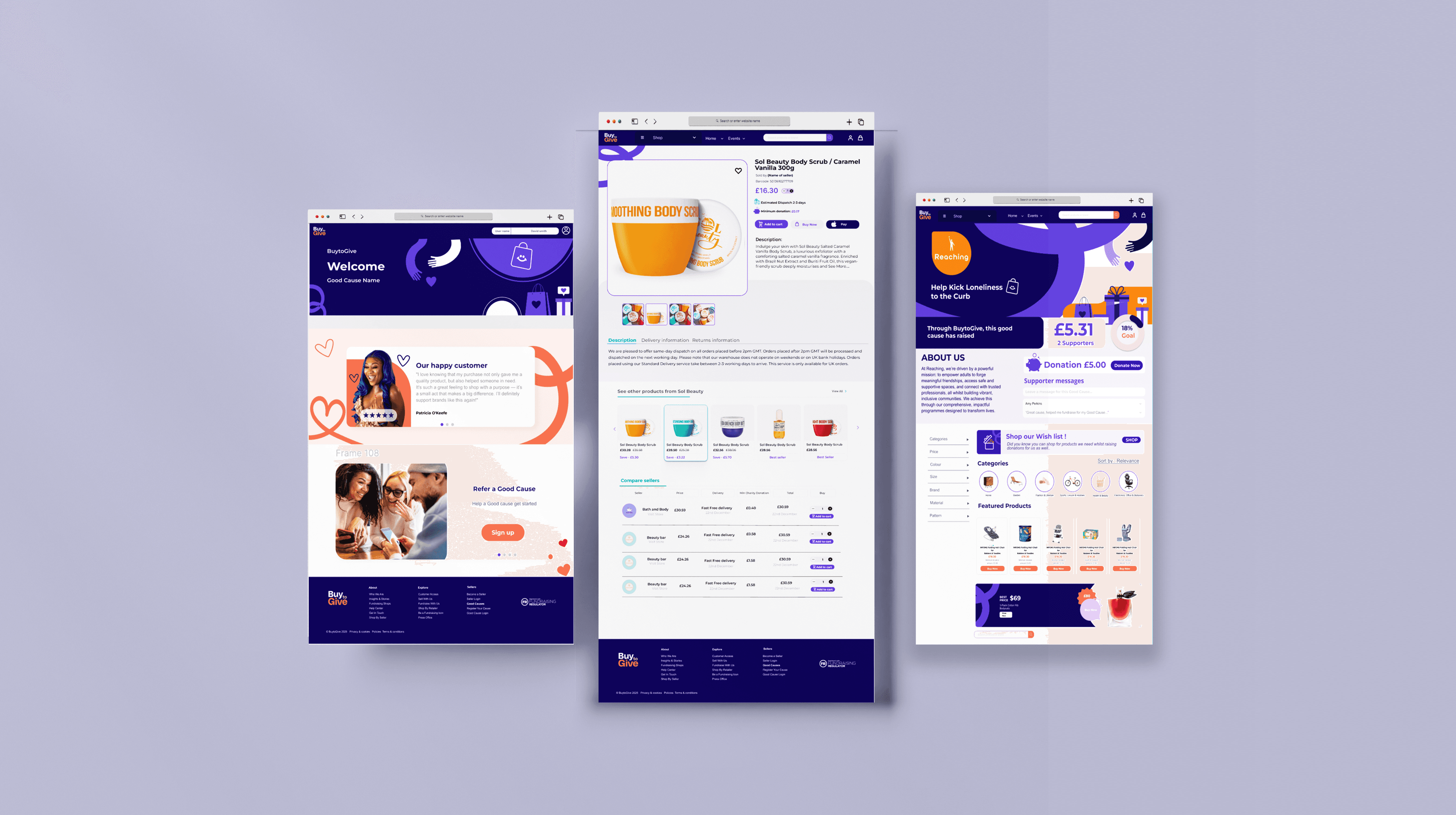 Buy2Give app screens on device mockups