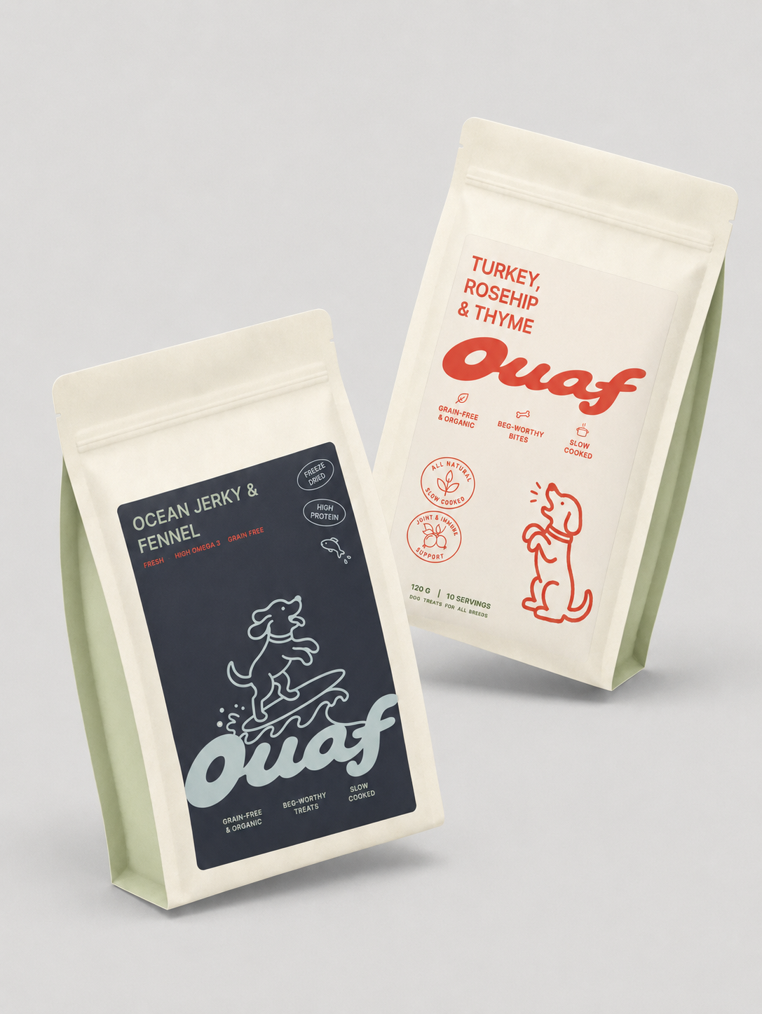 Ouaf packaging pouches — Turkey Rosehip & Thyme and Ocean Jerky & Fennel